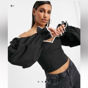 ASOS DESIGN off the shoulder cotton corset top volume sleeves & contrast piping